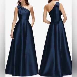 NEW ALFRED SUNG One-Shoulder A-Line Bow midnight navy Gown Sz 2